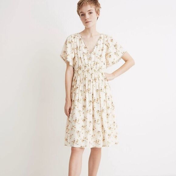 Madewell Loop Trim Mini Dress Short Sleeve Windowpane Floral Cream Women 12 - Picture 8 of 9